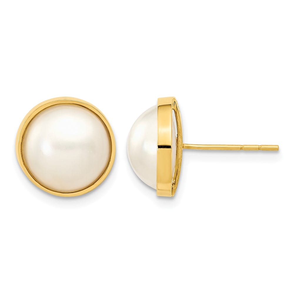 14K Yellow Gold 9-10mm White Saltwater Cultured Mabe Pearl Earrings