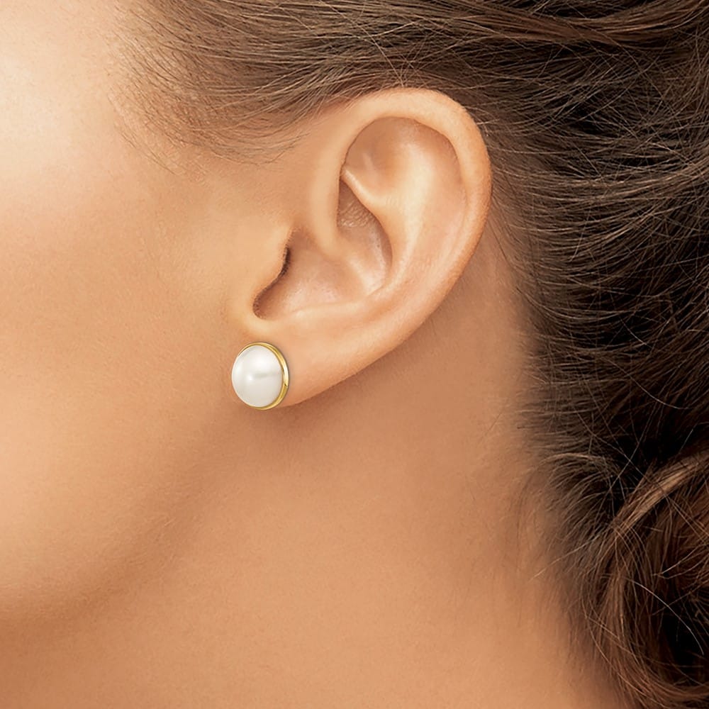 14K Yellow Gold 9-10mm White Saltwater Cultured Mabe Pearl Earrings