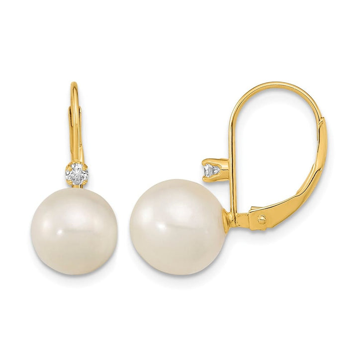14K Yellow Gold 9-9.5mm White Round Freshwater Pearl and .10 Earrings