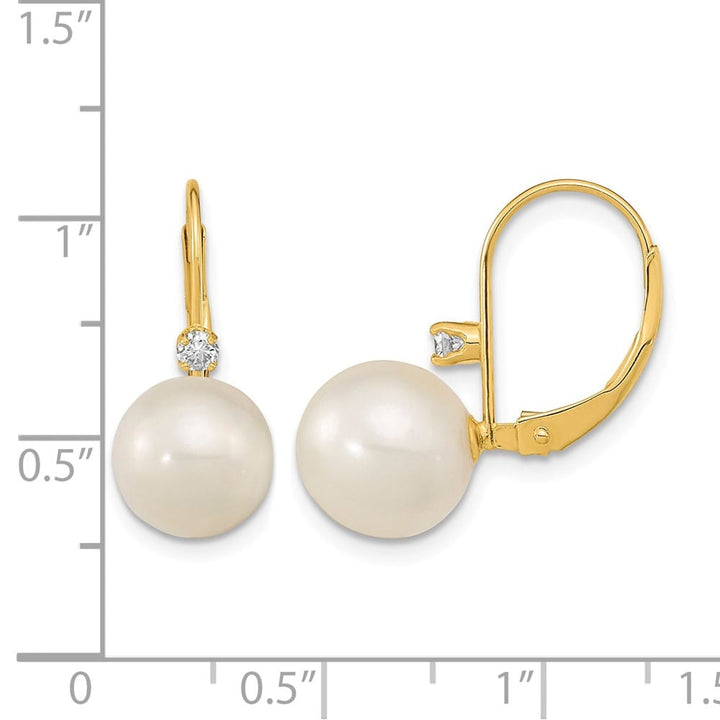 14K Yellow Gold 9-9.5mm White Round Freshwater Pearl and .10 Earrings
