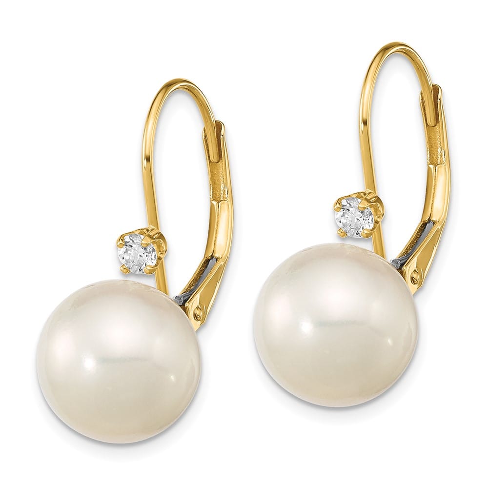 14K Yellow Gold 9-9.5mm White Round Freshwater Pearl and .10 Earrings