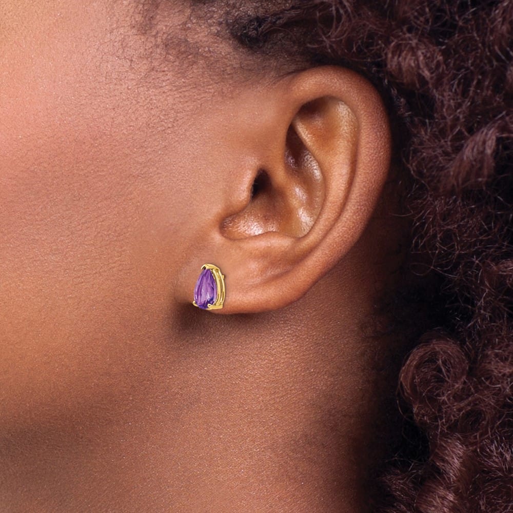 14K Yellow Gold 9x6mm Pear Amethyst Post Earrings, view 3 of 4