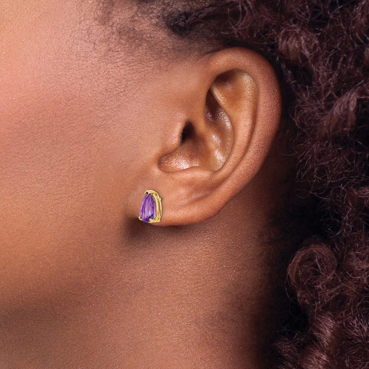 14K Yellow Gold 9x6mm Pear Amethyst Post Earrings, view 3 of 4