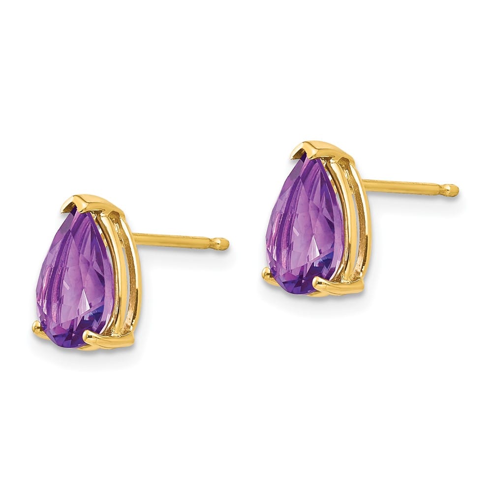 14K Yellow Gold 9x6mm Pear Amethyst Post Earrings, view 2 of 4