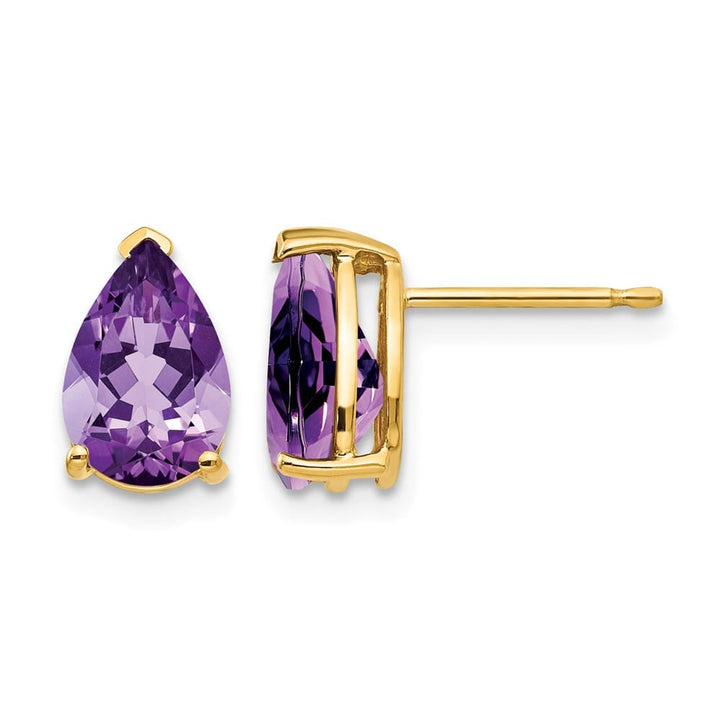 14K Yellow Gold 9x6mm Pear Amethyst Post Earrings, view 1 of 4