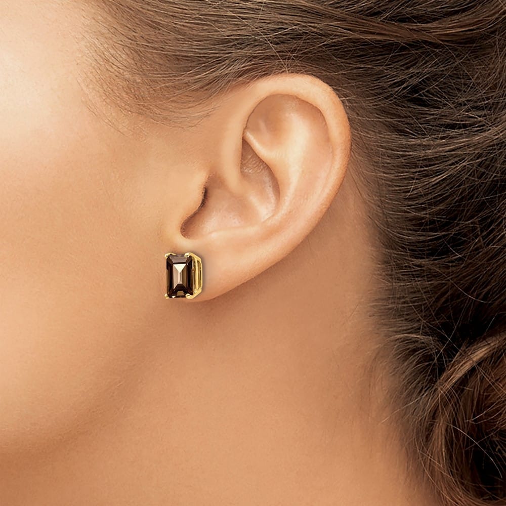 14K Yellow Gold 9x7mm Emerald-cut Smoky Quartz Post Earrings, view 3 of 4