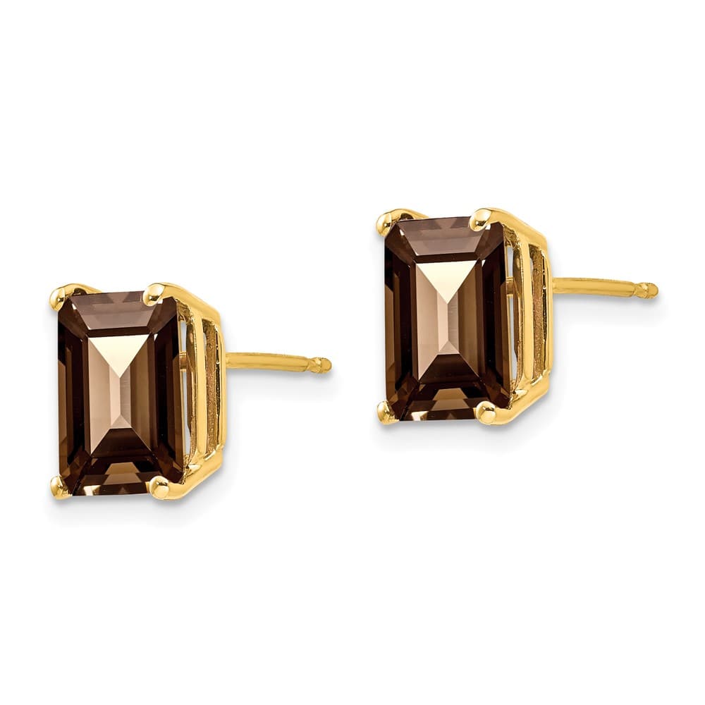 14K Yellow Gold 9x7mm Emerald-cut Smoky Quartz Post Earrings, view 2 of 4