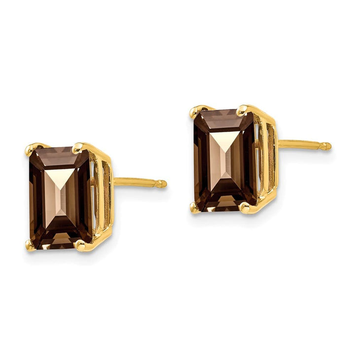 14K Yellow Gold 9x7mm Emerald-cut Smoky Quartz Post Earrings, view 2 of 4