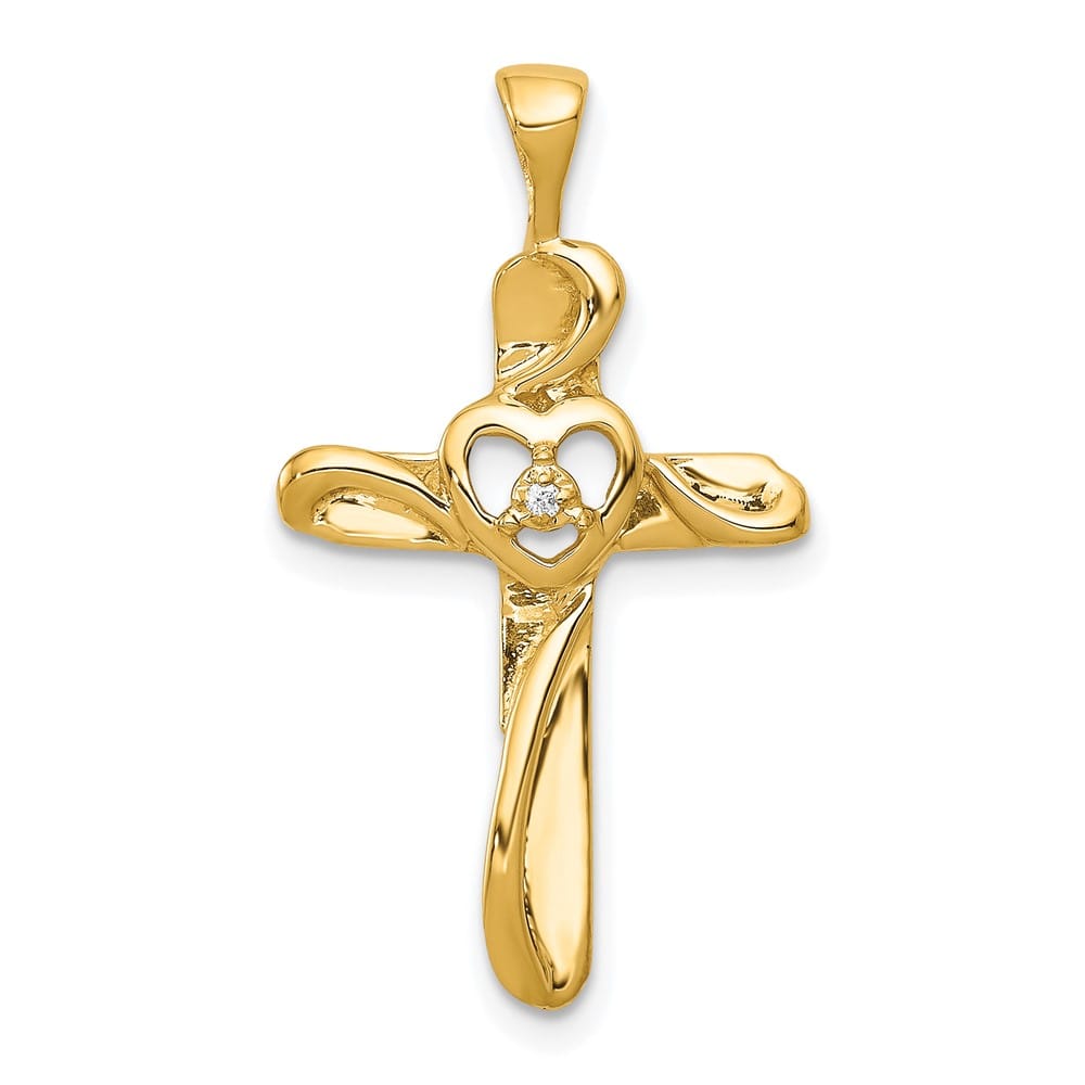 14K Yellow Gold AA Diamond Cross with Heart Pendant