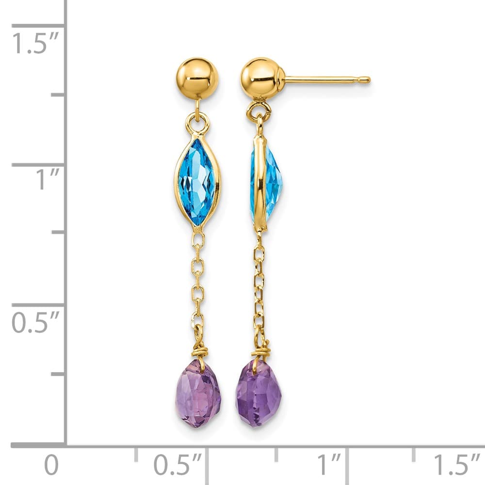 14K Yellow Gold Amethyst and Blue Topaz Dangle Post Earrings, view 4 of 4