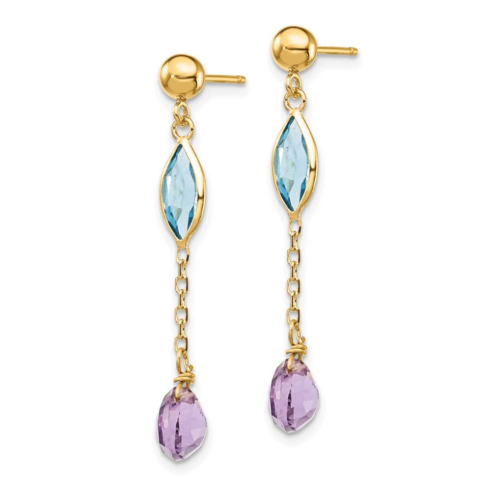 14K Yellow Gold Amethyst and Blue Topaz Dangle Post Earrings, view 2 of 4