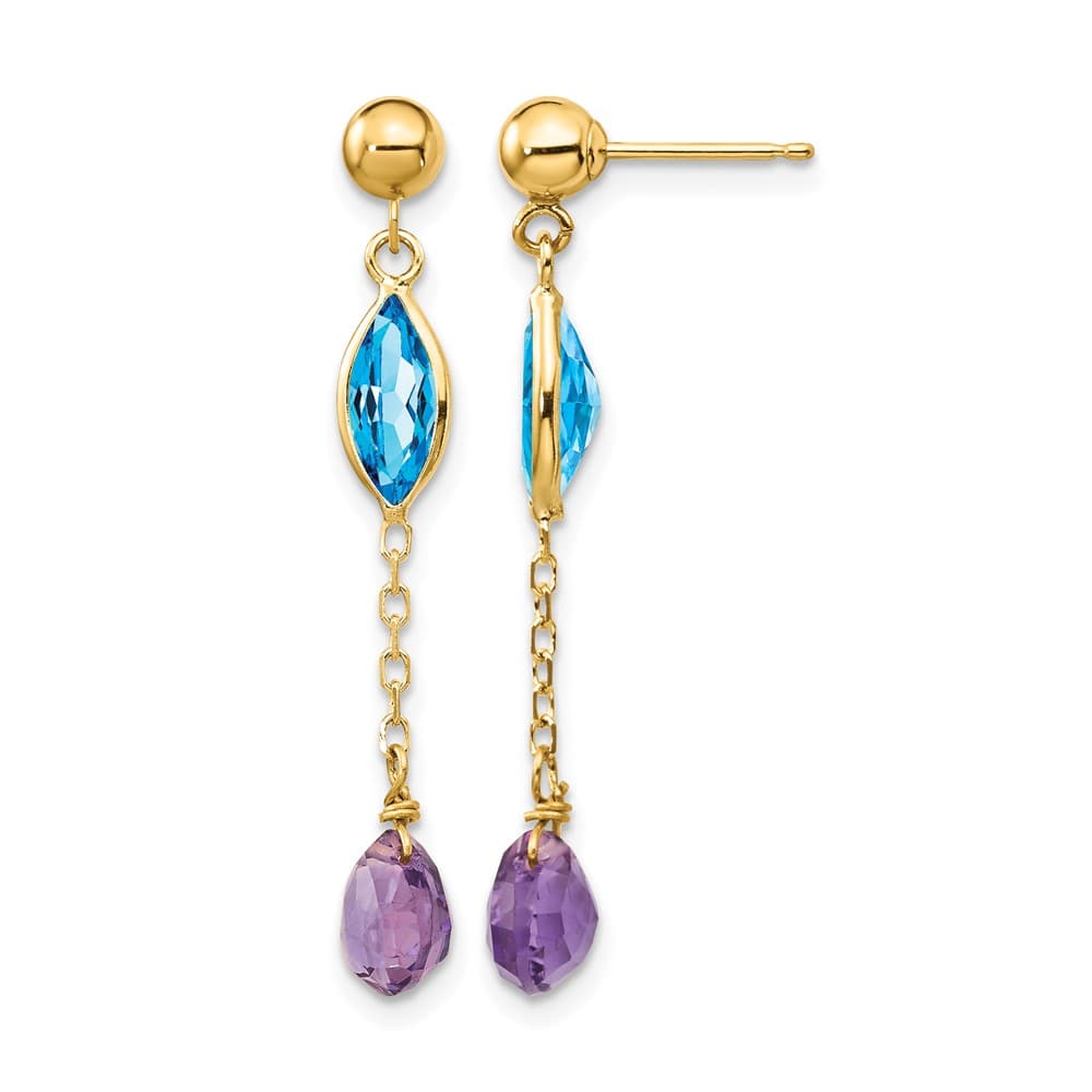 14K Yellow Gold Amethyst and Blue Topaz Dangle Post Earrings, view 1 of 4