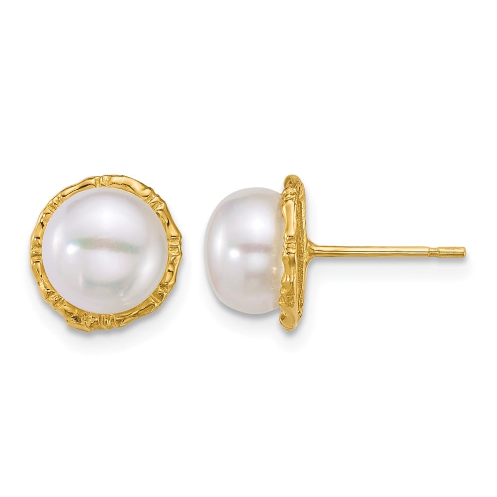 14K Yellow Gold and Textured 7-8mm Button White Freshwater Earrings