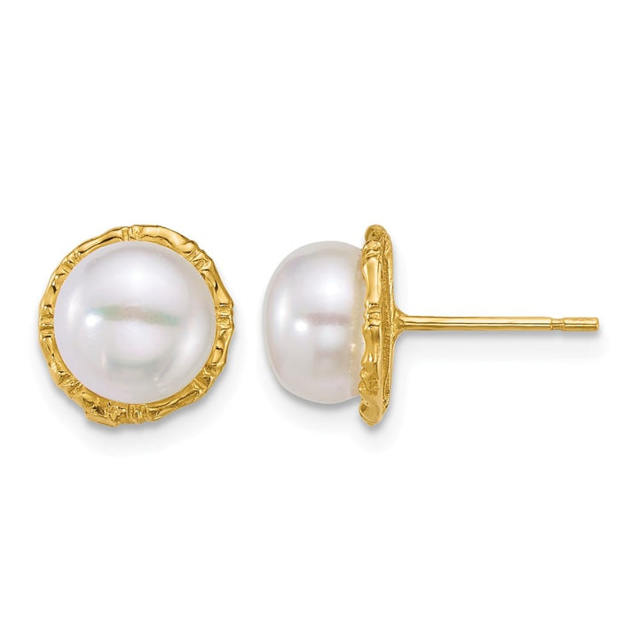 14K Yellow Gold and Textured 7-8mm Button White Freshwater Earrings