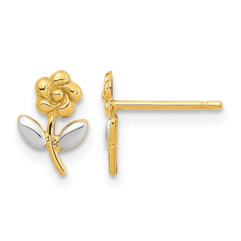 14K Yellow Gold and White Rhodium Flower Post Earrings, view 1 of 4