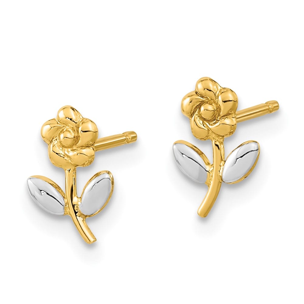 14K Yellow Gold and White Rhodium Flower Post Earrings, view 2 of 4