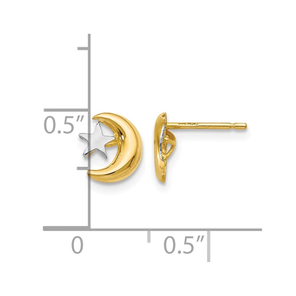 14K Yellow Gold and White Rhodium Polished Moon and Star Post Earrings, view 4 of 4