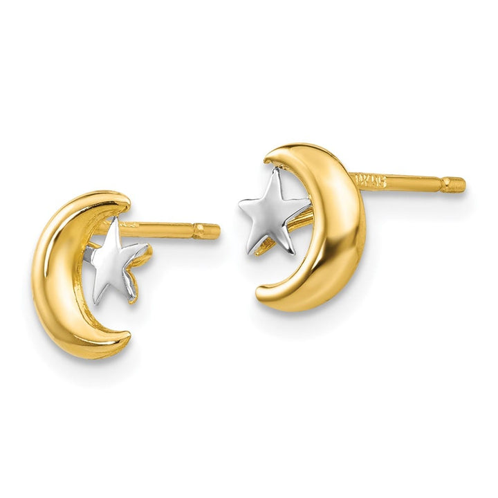 14K Yellow Gold and White Rhodium Polished Moon and Star Post Earrings, view 2 of 4
