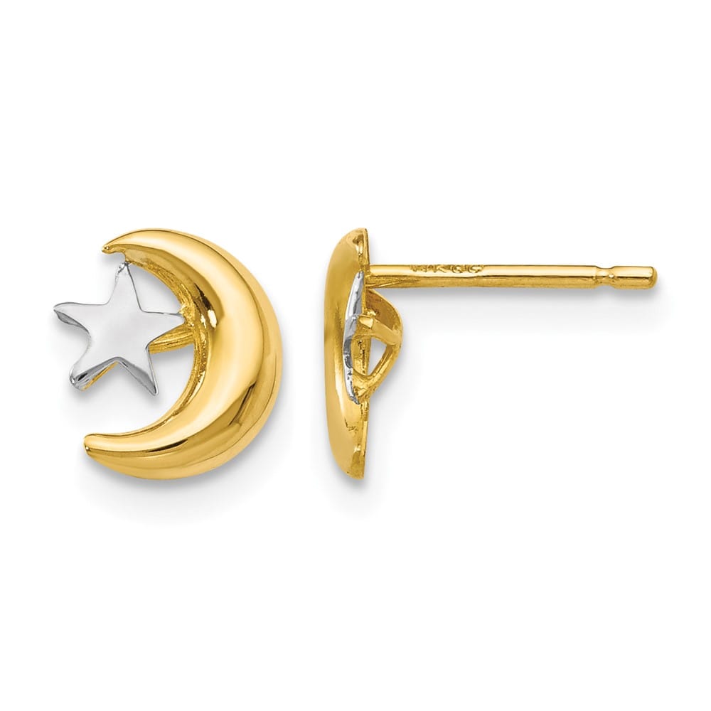 14K Yellow Gold and White Rhodium Polished Moon and Star Post Earrings, view 1 of 4