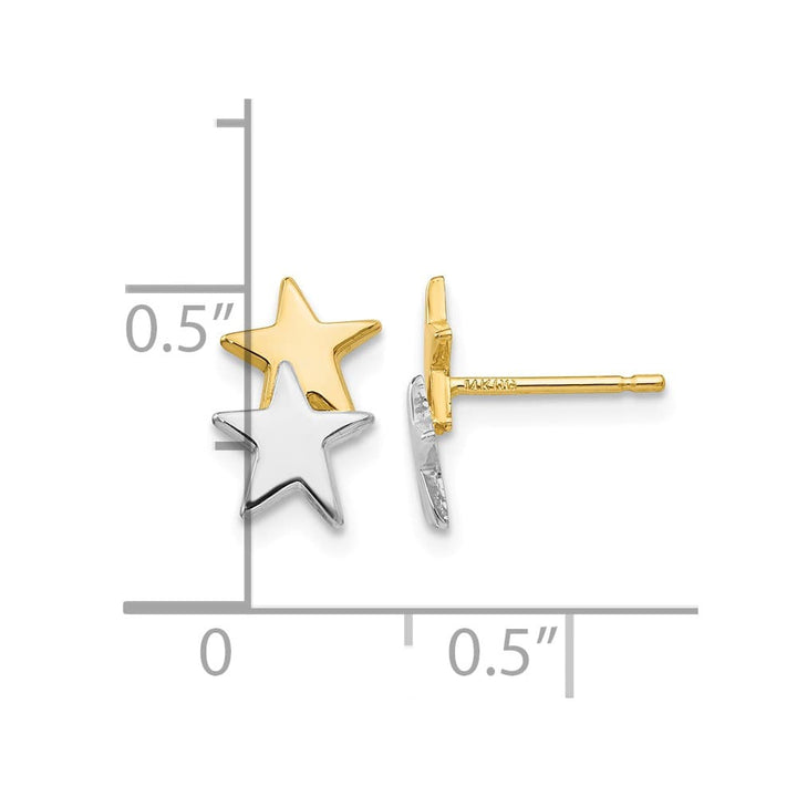 14K Yellow Gold and White Rhodium Polished Two Stars Post Earrings, view 4 of 4
