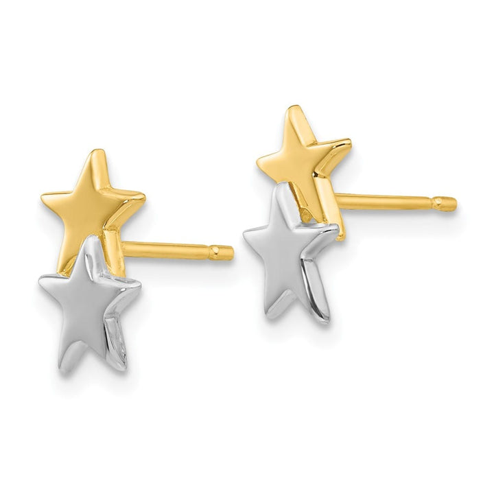 14K Yellow Gold and White Rhodium Polished Two Stars Post Earrings, view 2 of 4