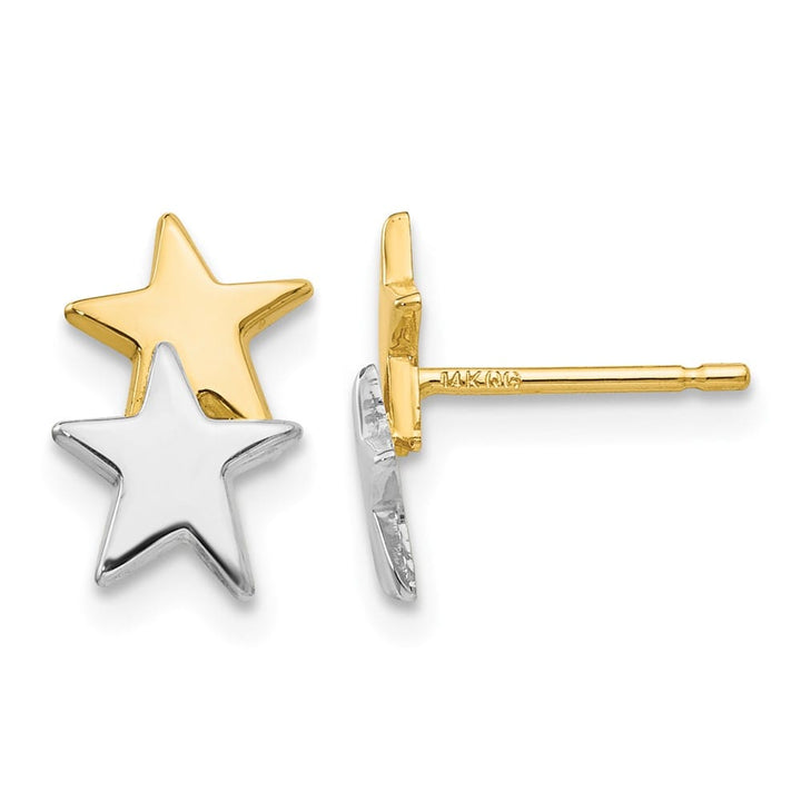 14K Yellow Gold and White Rhodium Polished Two Stars Post Earrings, view 1 of 4