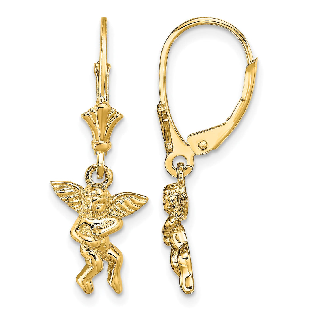 14K Yellow Gold Angel Dangle Leverback Earrings