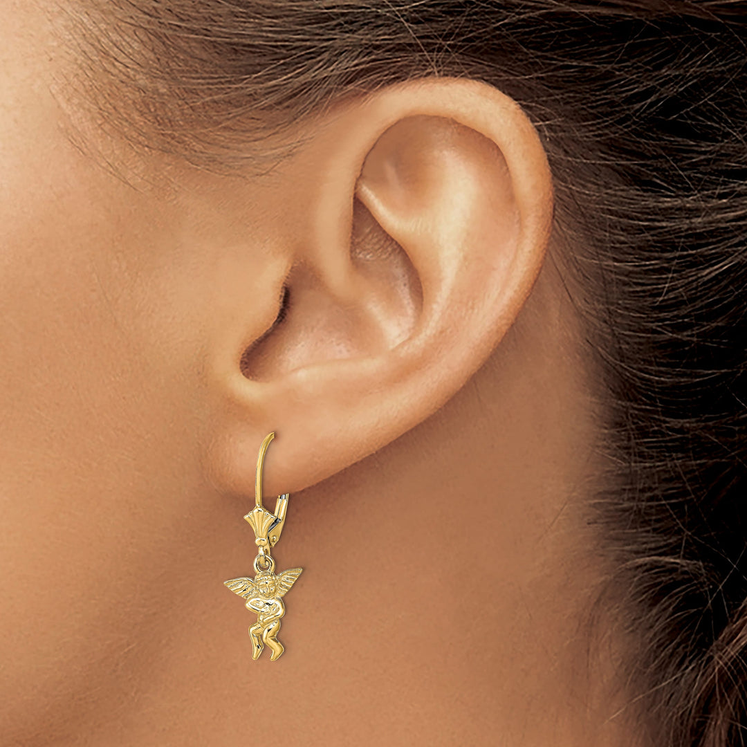 14K Yellow Gold Angel Dangle Leverback Earrings