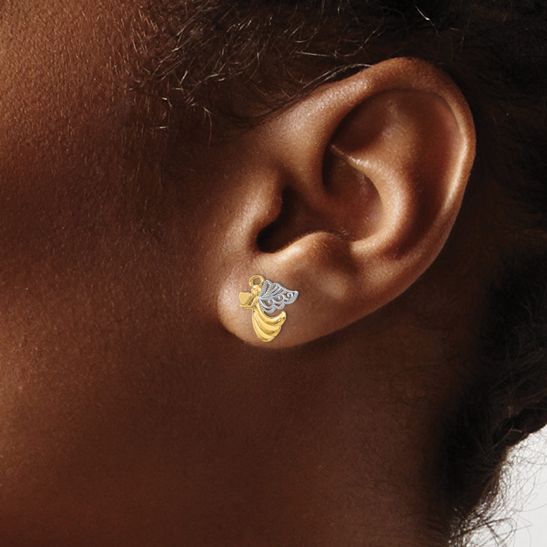 14K Yellow Gold Angel with Heart Post Earrings