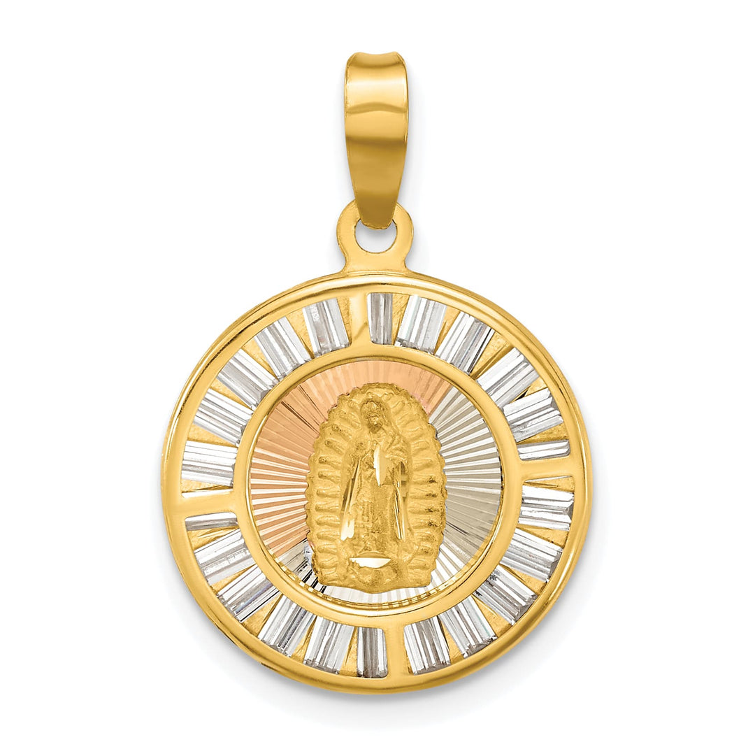 14K Yellow Gold Baguette CZ Our Lady of Guadalupe Round Pendant
