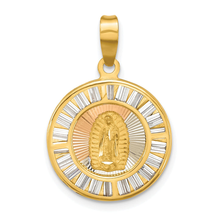14K Yellow Gold Baguette CZ Our Lady of Guadalupe Round Pendant