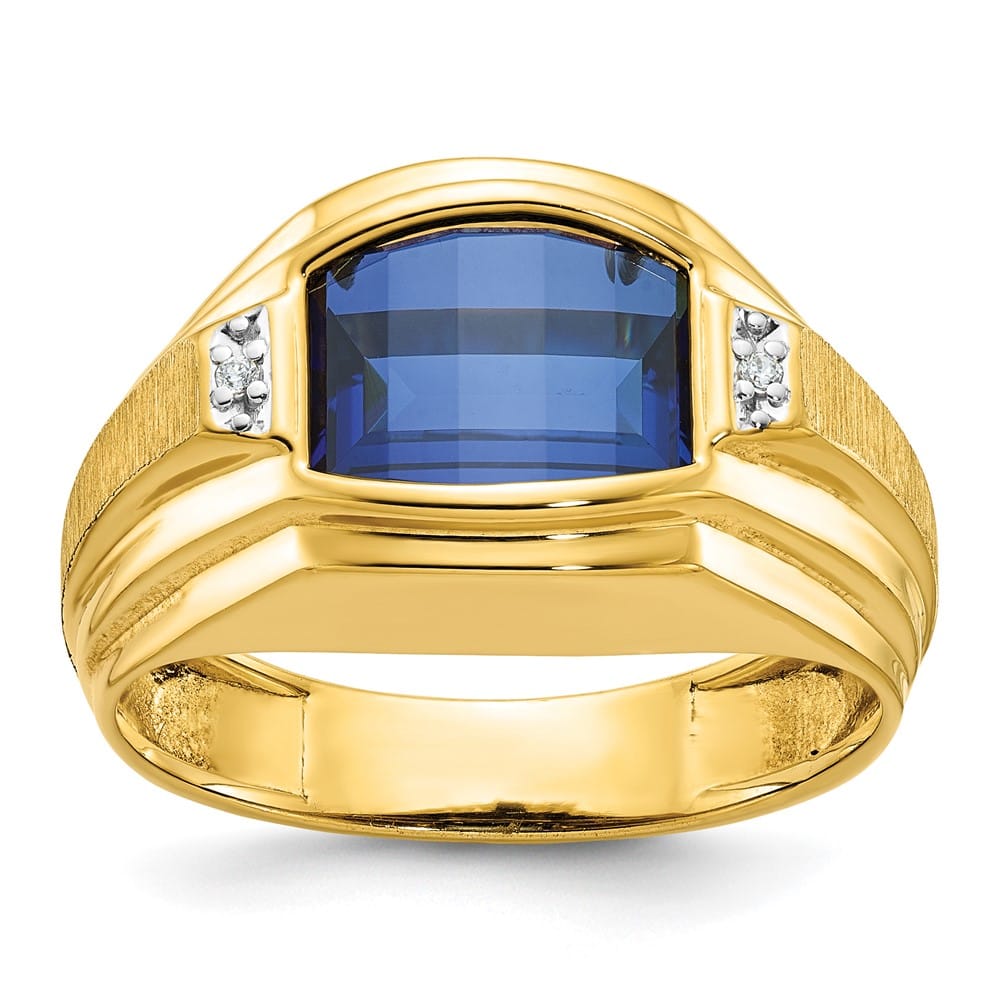 14k Yellow Gold Barrel Lab Created Sapphire Diamond Men's Ring