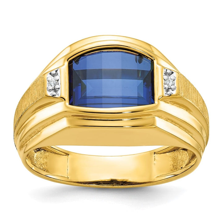 14k Yellow Gold Barrel Lab Created Sapphire Diamond Men's Ring