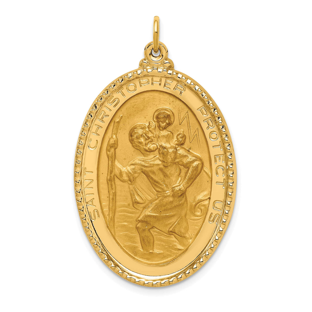 14K Yellow Gold Beaded Edge St. Christopher Medal Oval Pendant