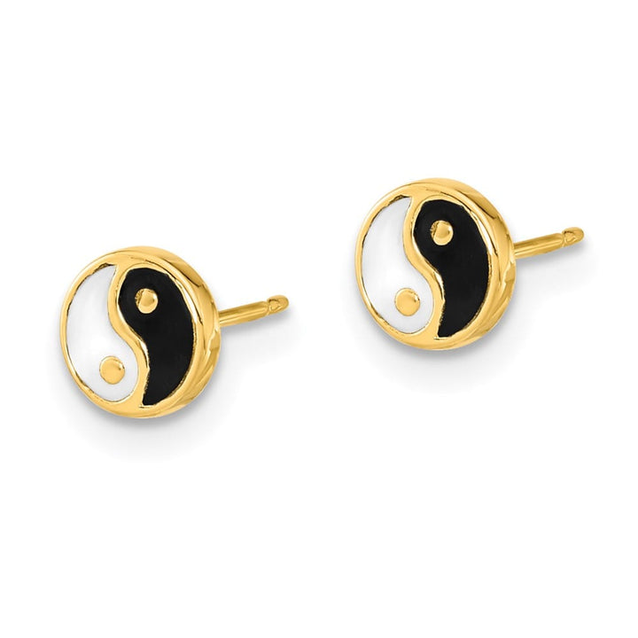 14K Yellow Gold Black and White Enamel Yin Yang Post Earrings, view 2 of 4