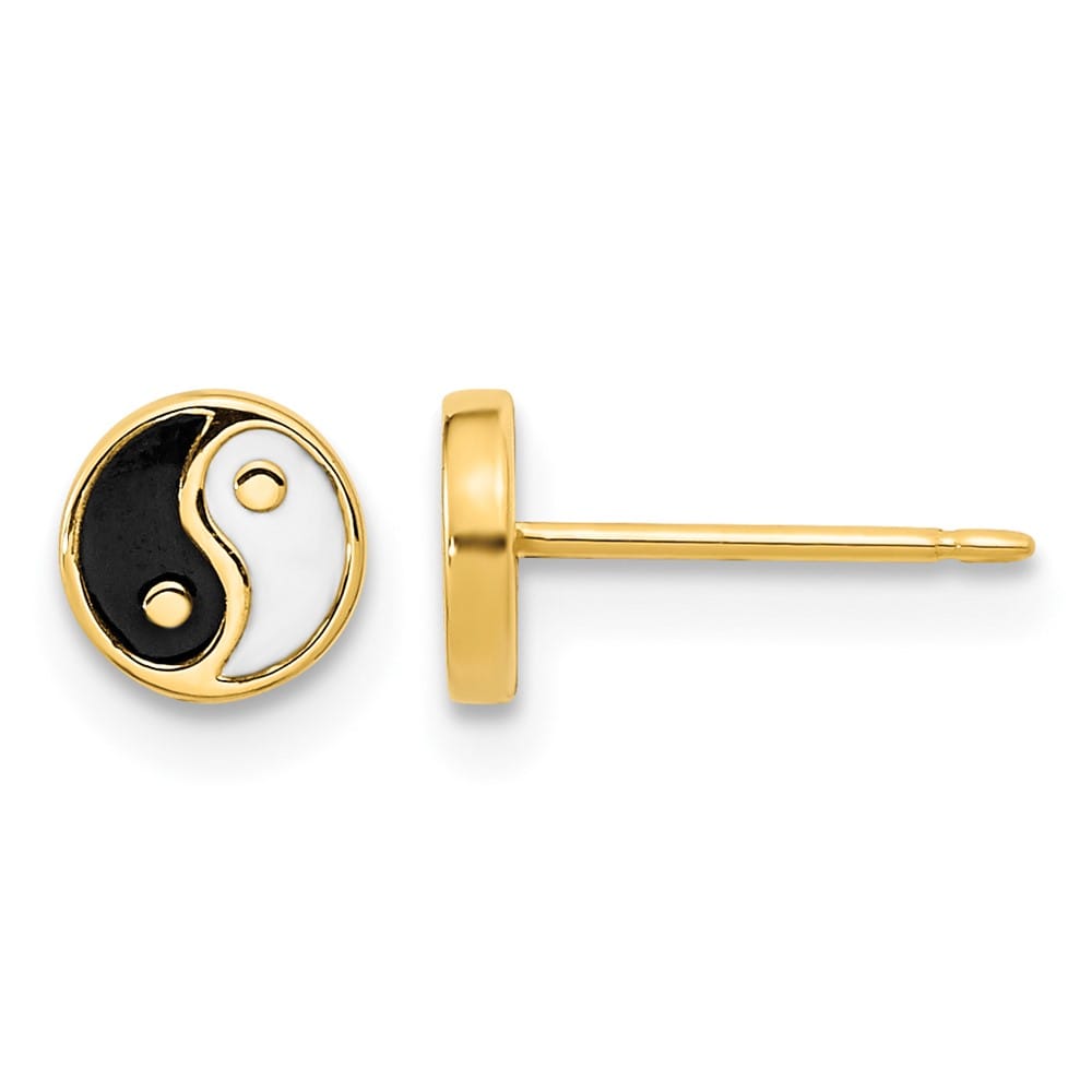 14K Yellow Gold Black and White Enamel Yin Yang Post Earrings, view 1 of 4