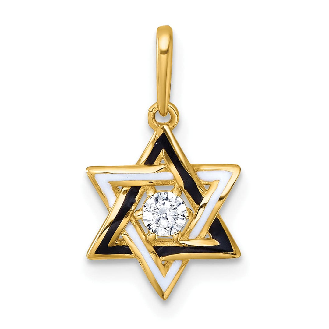 14K Yellow Gold Black and White Enameled and CZ Star of David Charm /