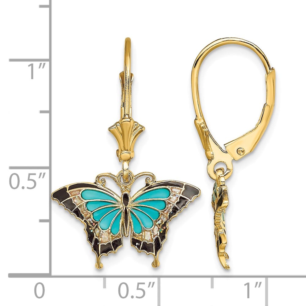 14K Yellow Gold Black Wings Butterfly Dangle Leverback Earrings, view 4 of 4