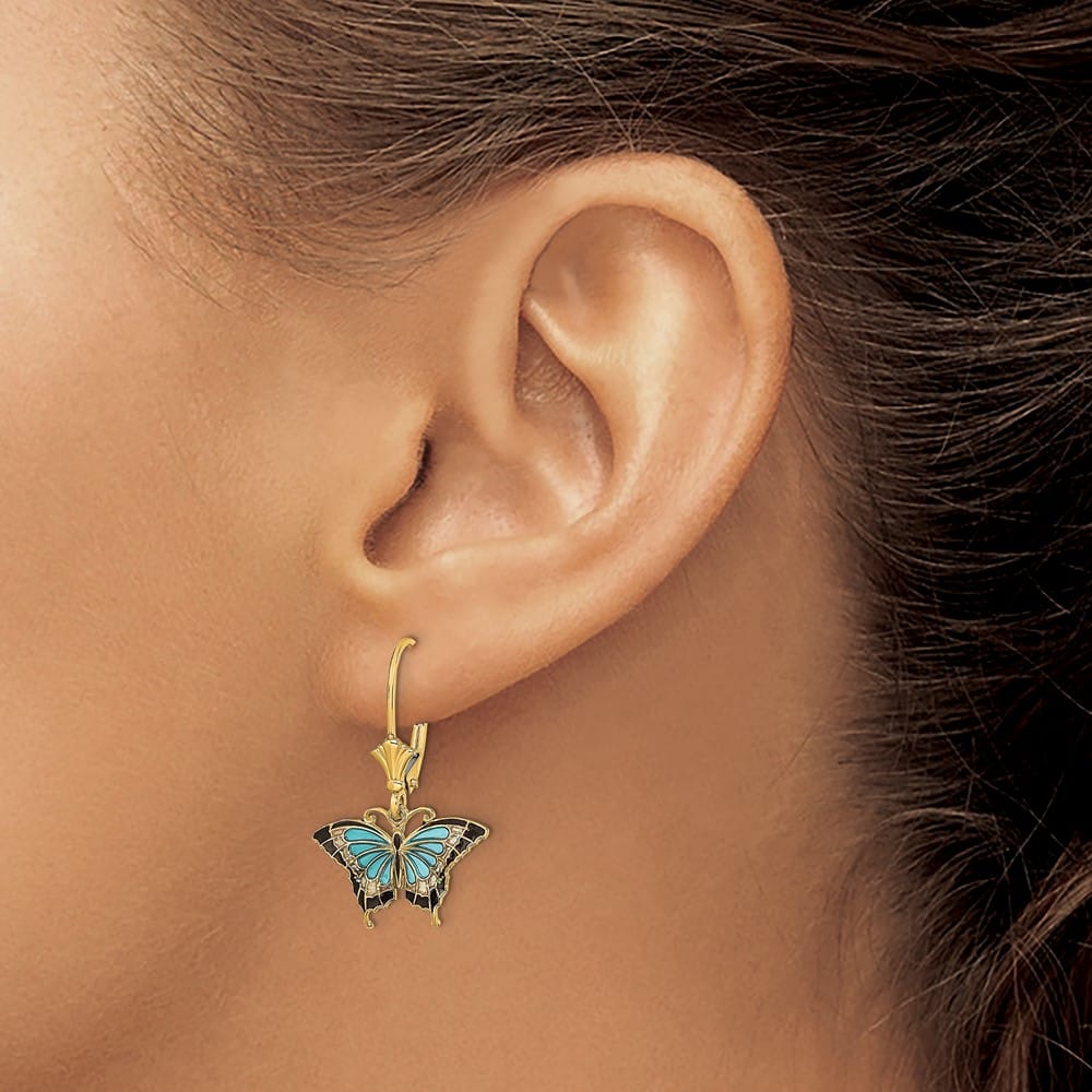 14K Yellow Gold Black Wings Butterfly Dangle Leverback Earrings, view 3 of 4
