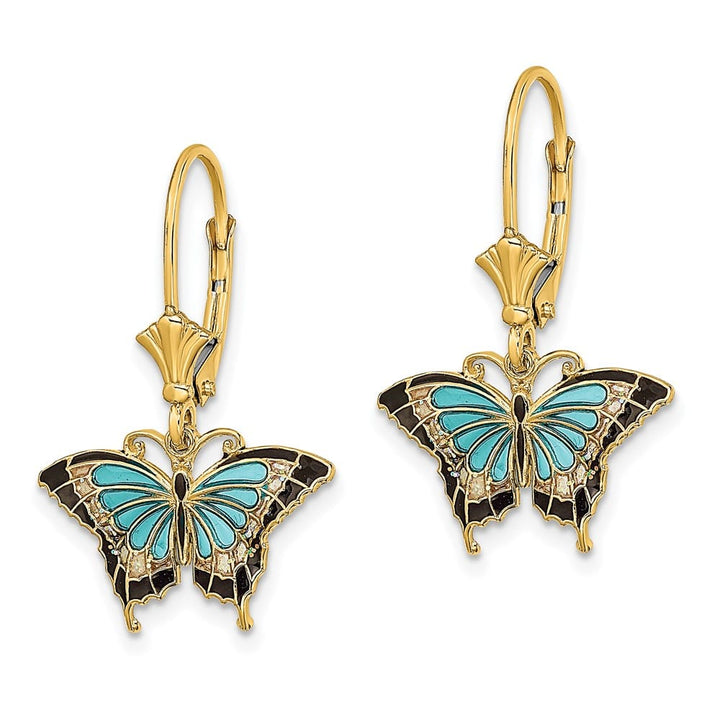 14K Yellow Gold Black Wings Butterfly Dangle Leverback Earrings, view 2 of 4