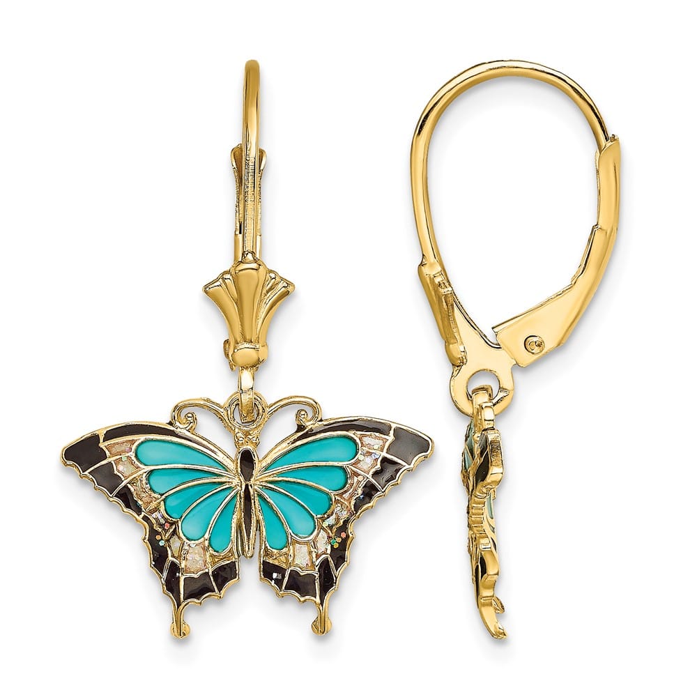 14K Yellow Gold Black Wings Butterfly Dangle Leverback Earrings, view 1 of 4