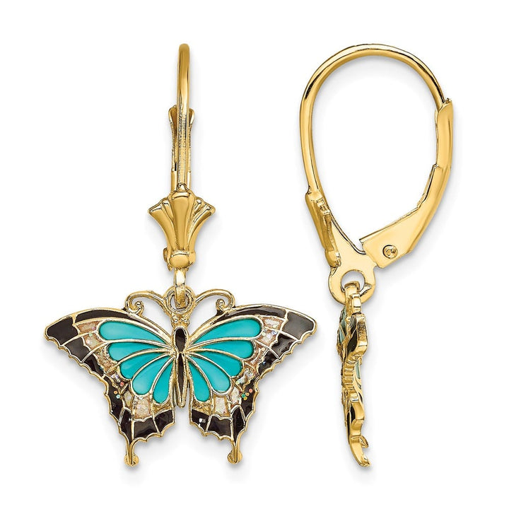 14K Yellow Gold Black Wings Butterfly Dangle Leverback Earrings, view 1 of 4