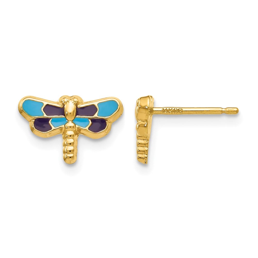 14K Yellow Gold Blue Enameled Dragonfly Post Earrings, view 1 of 4