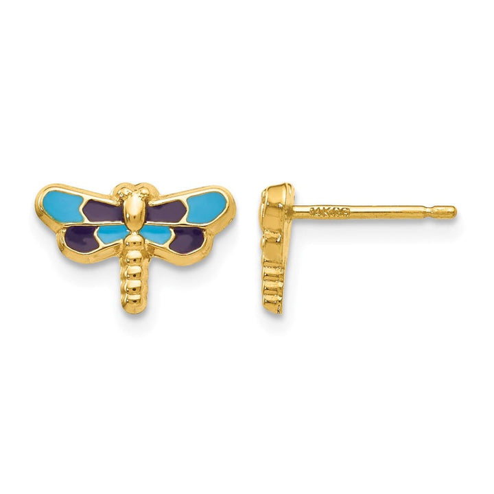 14K Yellow Gold Blue Enameled Dragonfly Post Earrings, view 1 of 4