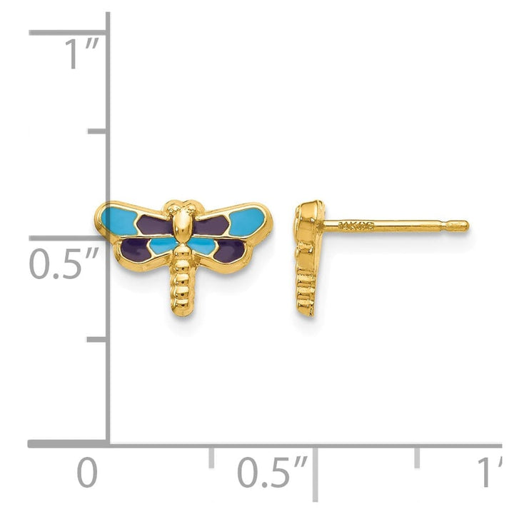 14K Yellow Gold Blue Enameled Dragonfly Post Earrings, view 4 of 4