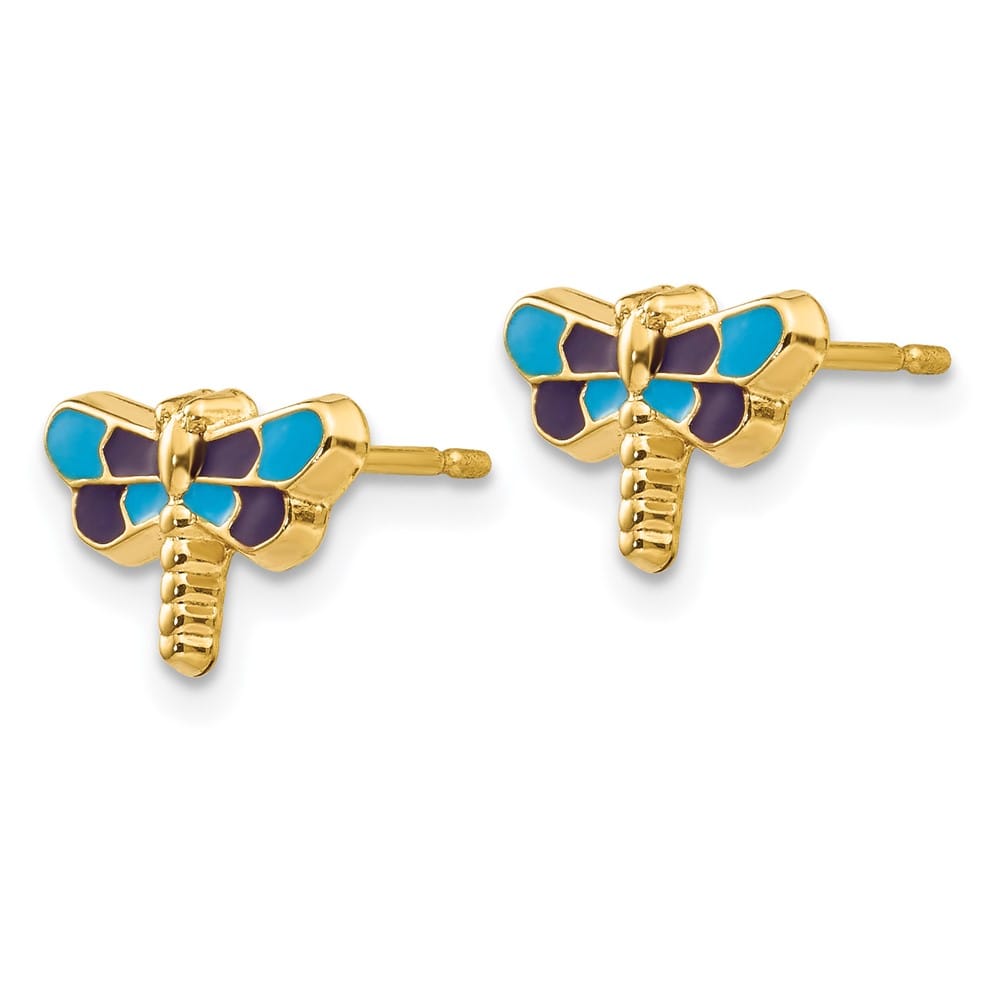14K Yellow Gold Blue Enameled Dragonfly Post Earrings, view 2 of 4