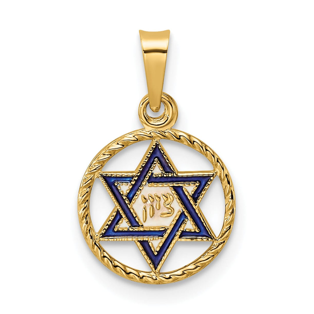 14K Yellow Gold Blue Enameled Star of David in Circle Frame Pendant
