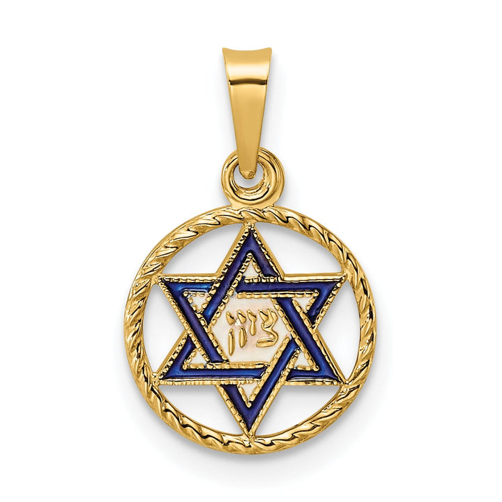 14K Yellow Gold Blue Enameled Star of David in Circle Frame Pendant