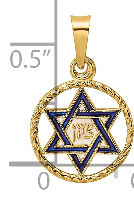 14K Yellow Gold Blue Enameled Star of David in Circle Frame Pendant
