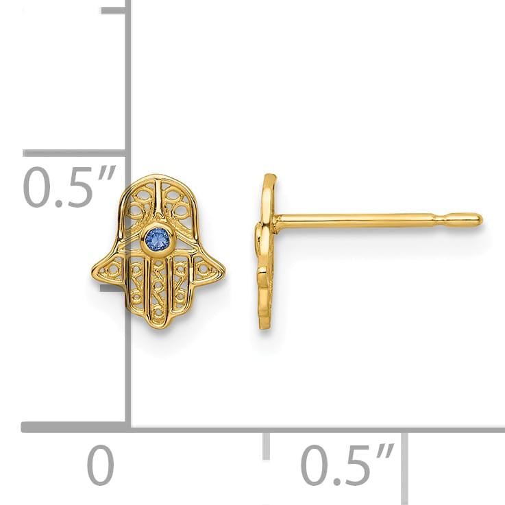 14K Yellow Gold Blue Glass Stone Mini Hamsa Post Earrings